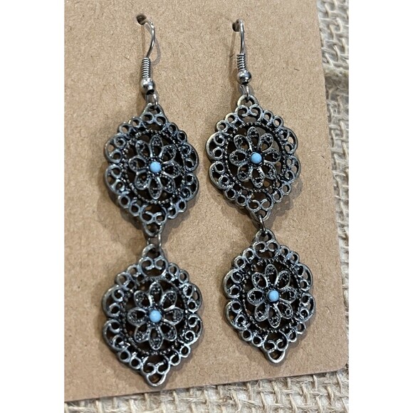 Vintage Antique Silver Dangle Drop Earrings Victorian Revival - Picture 2 of 6